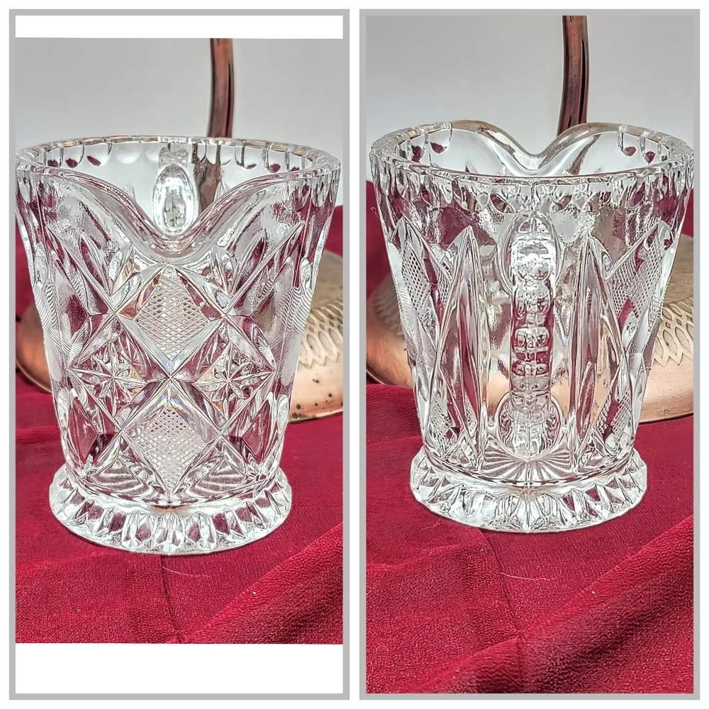 Pressed Crystal Creamer Sugar Bowl Lid Tray Floral Daisy Diamond Pattern Vintage